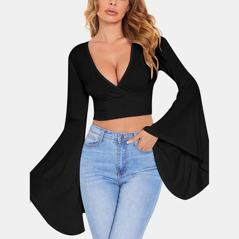 'Sapphira' Flare Sleeve Crop Top - Celes Fashion